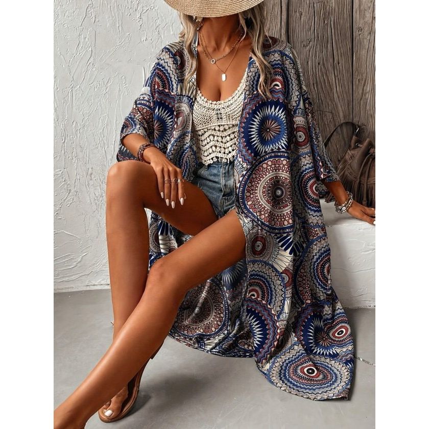 Kadın Kısa Kollu önü Açık Belden Kuşaklı Uzun Kimono