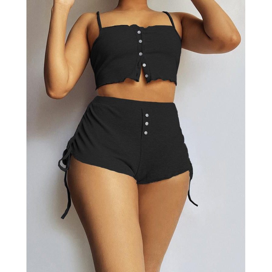 Kadın Ip Askılı Crop Bluz Ve Yanlardan Büzgülü Ikili Kaşkorse Short Takım