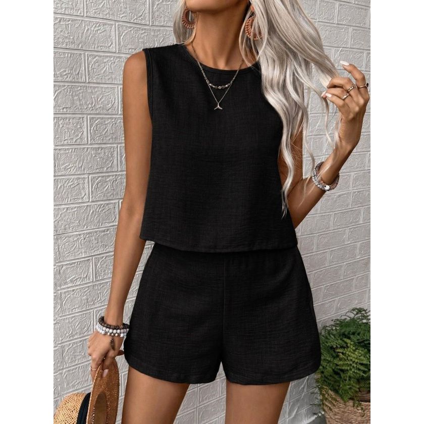 Kadın Kolsuz Bisiklet Yakalı Kısa Bluz Ve Short Ikili Takım