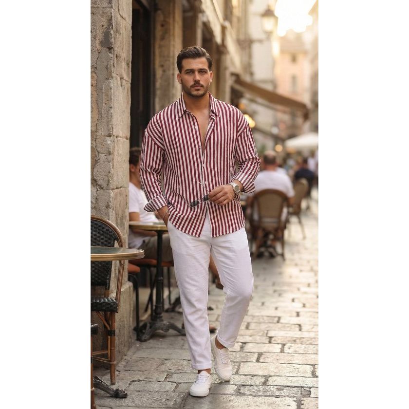 Erkek Dikey Çizgili Yarım Oversize Gömlek