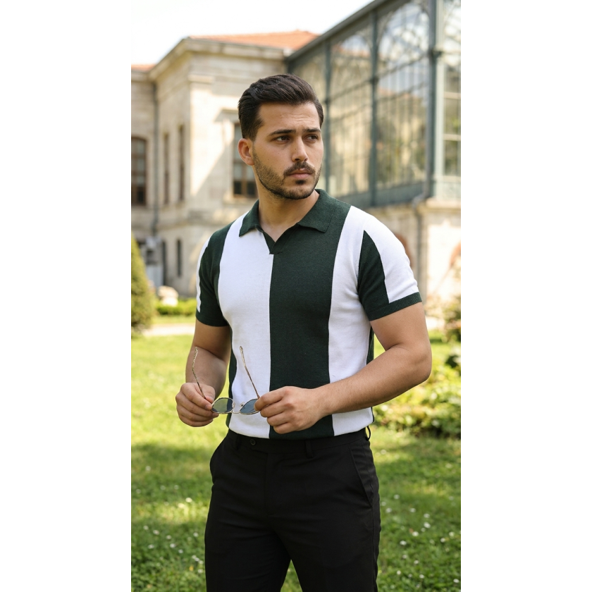 Erkek Kısa Kollu Polo Yakalı Blok Desenli Triko Bluz