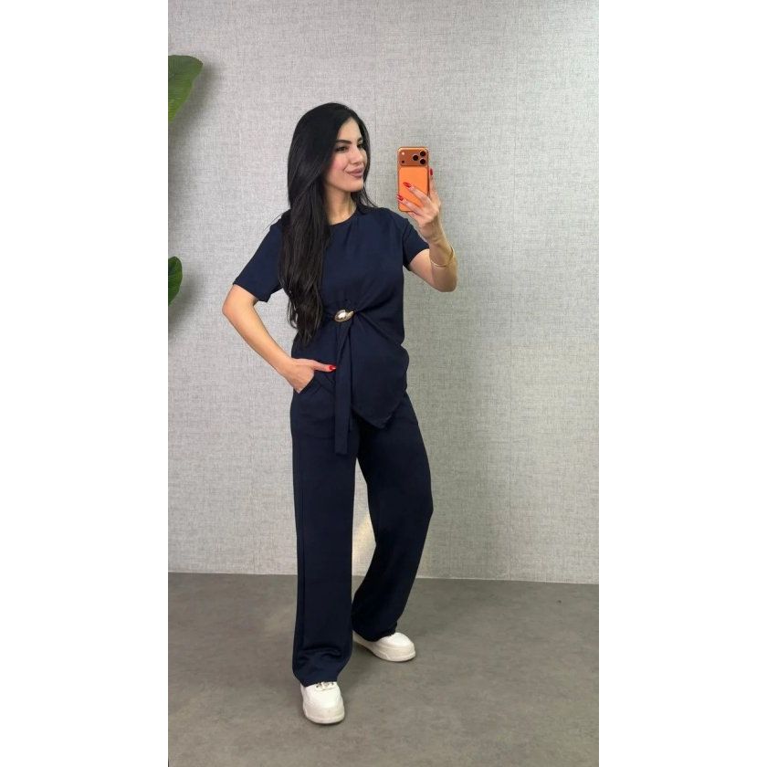 Kadın Kısa Kollu Bisiklet Yaka Yandan Toka Detaylı Viskon Iki Iplik Bluz Ve Pantolon Ikili Takım