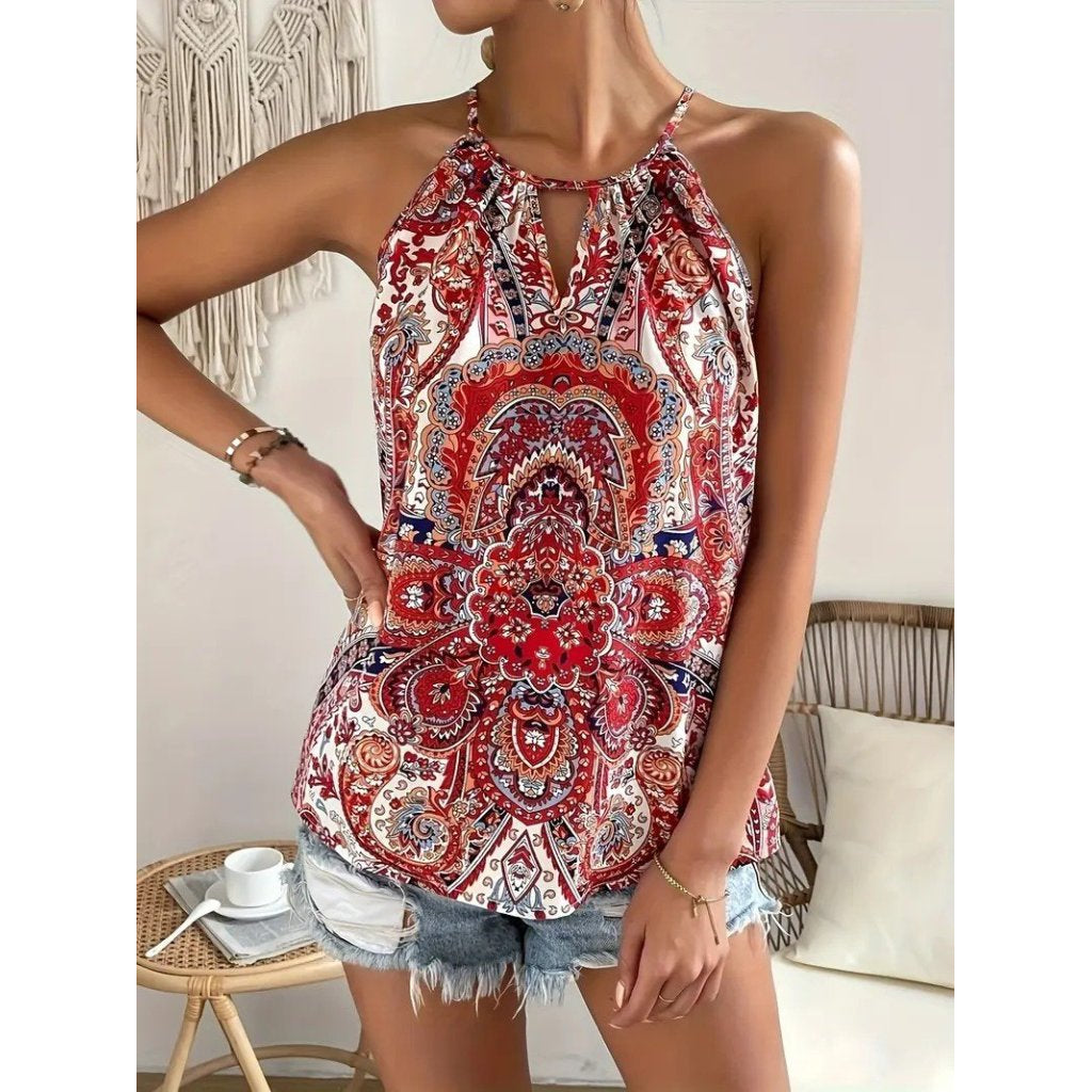 Kadın Halter Kollu Damla Detaylı Desenli Süprem Bluz