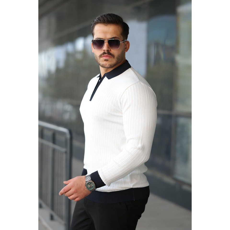 Erkek Kol Ve Yaka Detaylı Uzun Kollu Triko