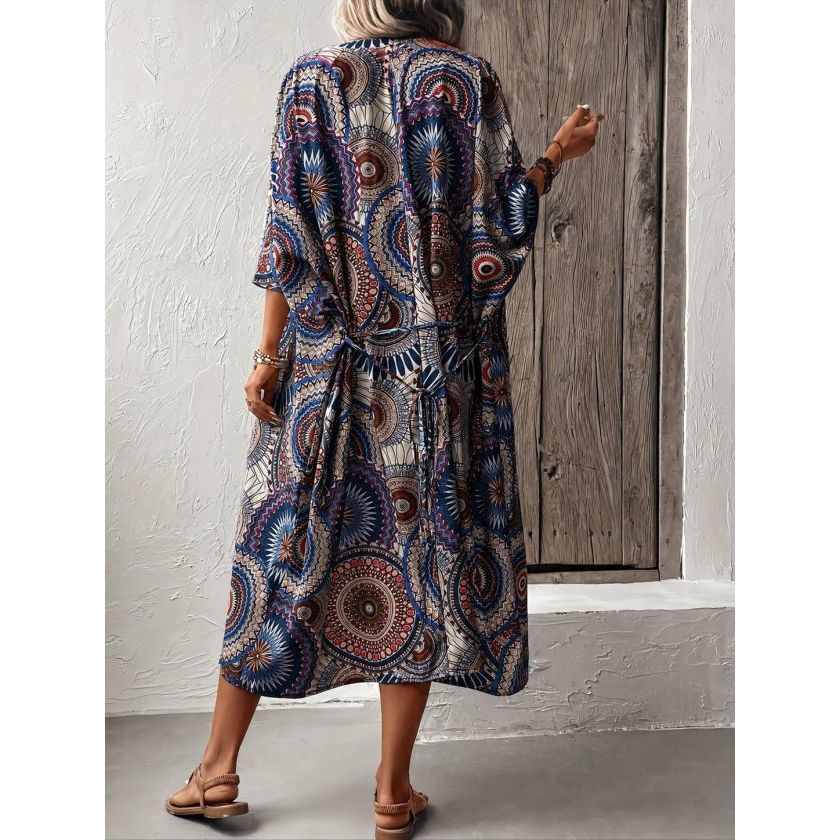 Kadın Kısa Kollu önü Açık Belden Kuşaklı Uzun Kimono
