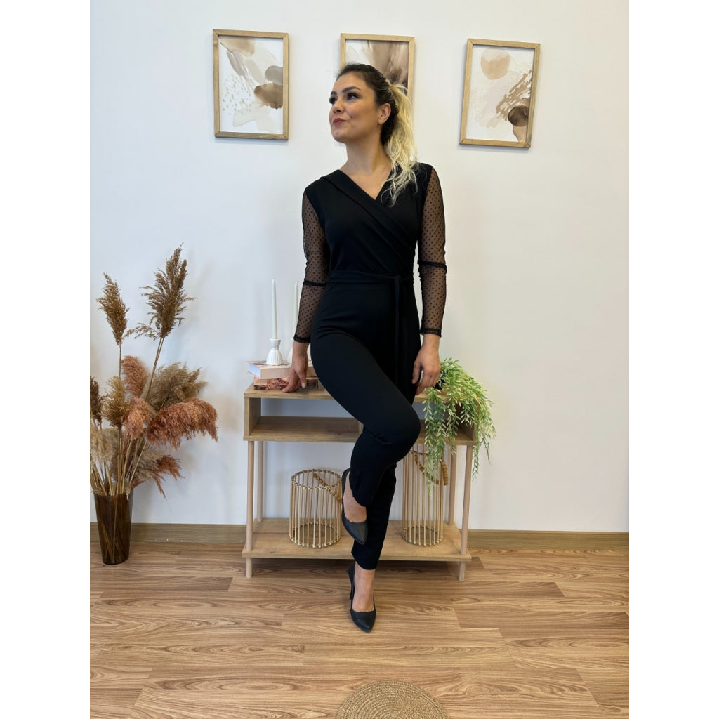 Kadın Uzun Kollu Kruvaze Yakalı Kolları Tül Detay Beli Kuşaklı Ithal Krep Tulum