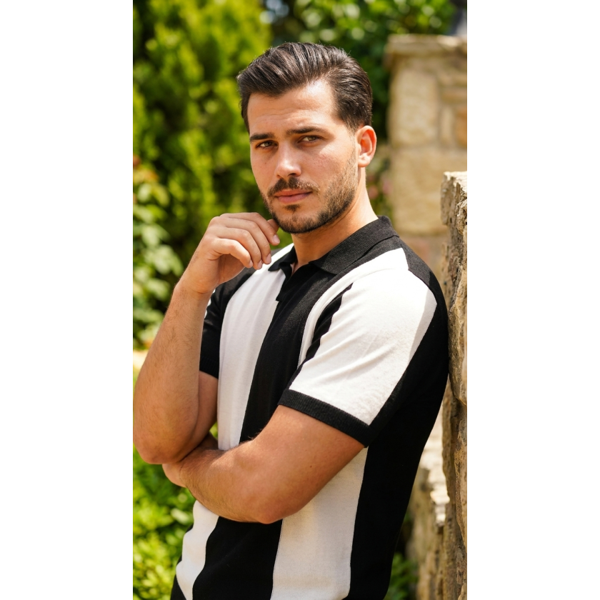 Erkek Kısa Kollu Polo Yakalı Blok Desenli Triko Bluz