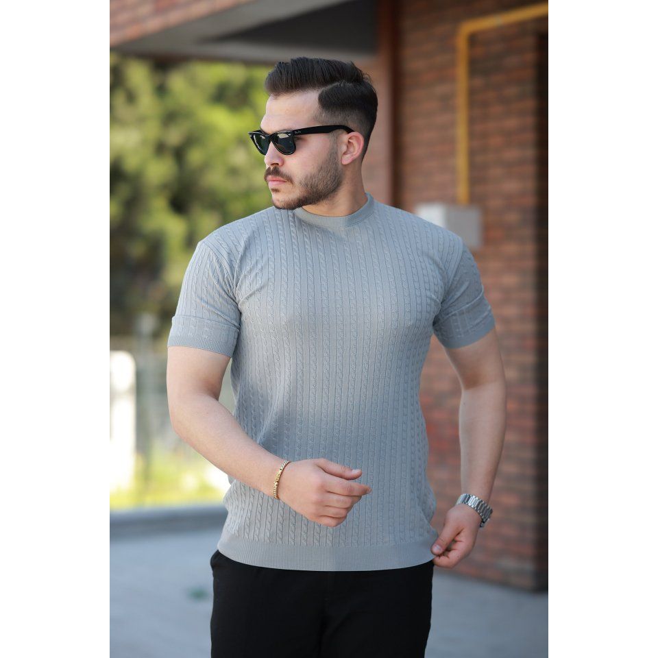 Erkek Bisiklet Yaka örgü Desenli Kısa örme Triko Kısa Kollu T-shirt