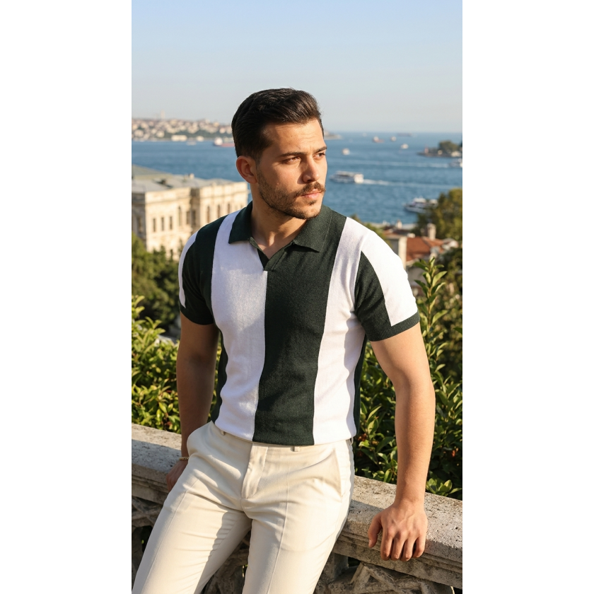 Erkek Kısa Kollu Polo Yakalı Blok Desenli Triko Bluz