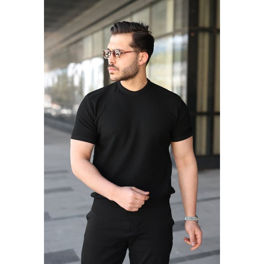 Erkek Bisiklet Yaka Petek Dokulu Kısa Kollu Triko Tişört