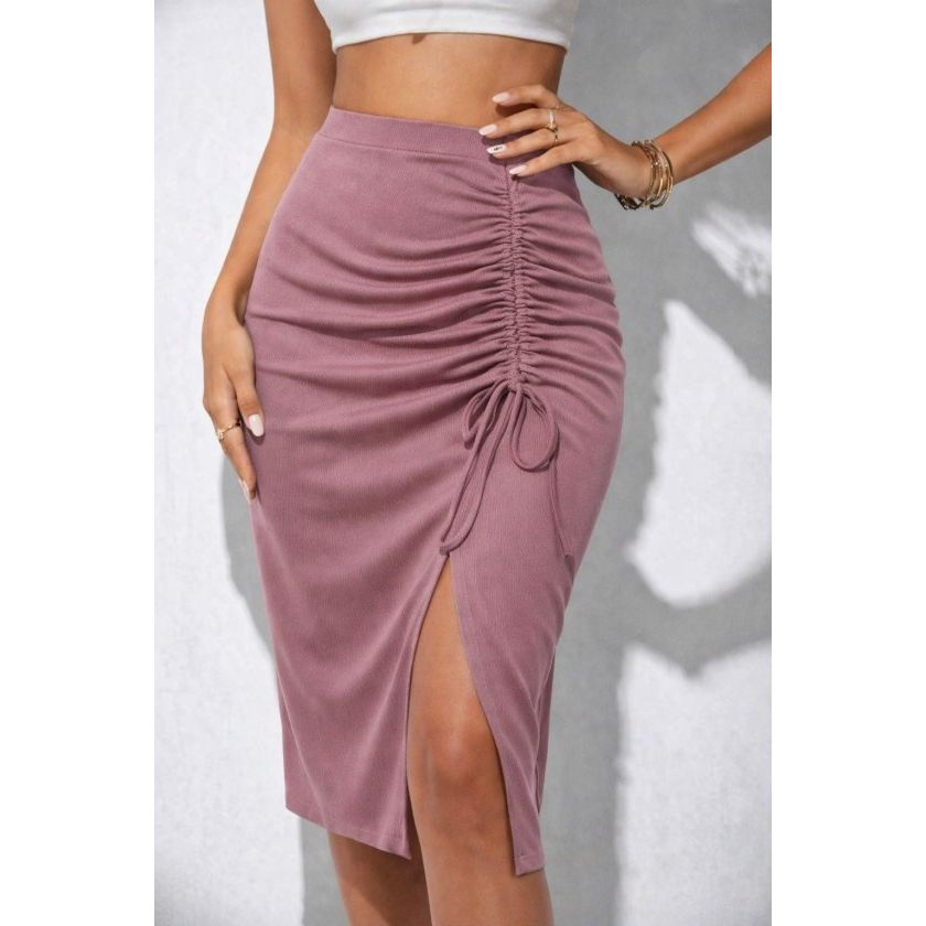 Kadın Beli Lastikli Yandan Büzgülü Bağcık Detaylı Midi Kaşkorse Etek
