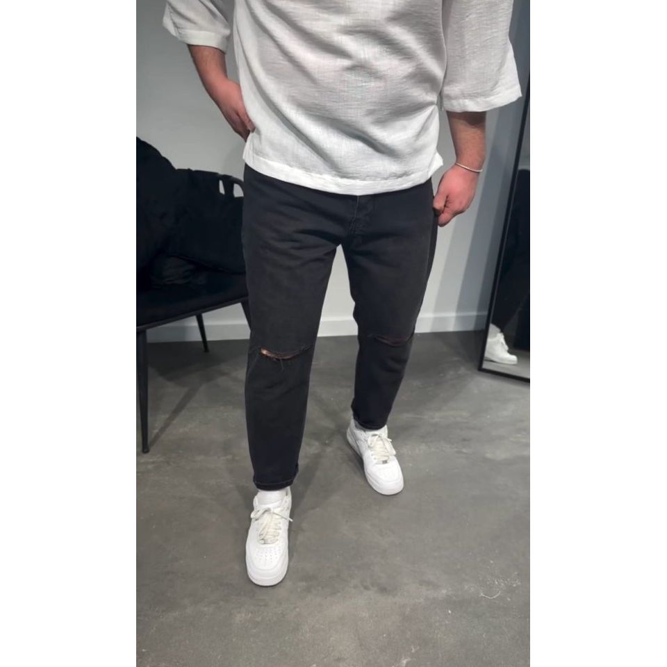 Erkek Siyah Dizi Yırtık Boyfriend Jean