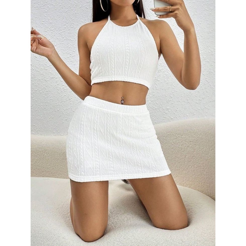 Kadın Sıfır Kol Crop Mini Etek Ikili Triko Takım