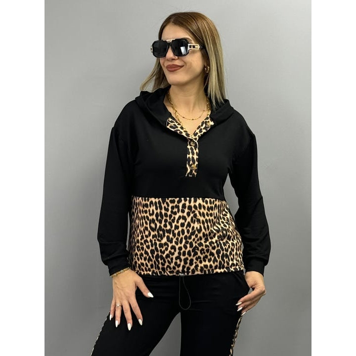 Kadın Uzun Kollu Leopar Detay Sweat Ve Yanı Leopar şerit Detay Pantolon Ikili Takım