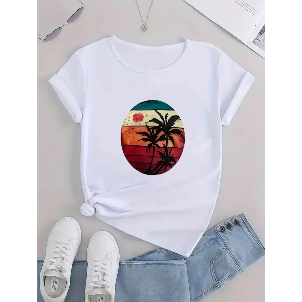 Kadın Kısa Kollu Palmiye Baskılı Viskon T-shirt