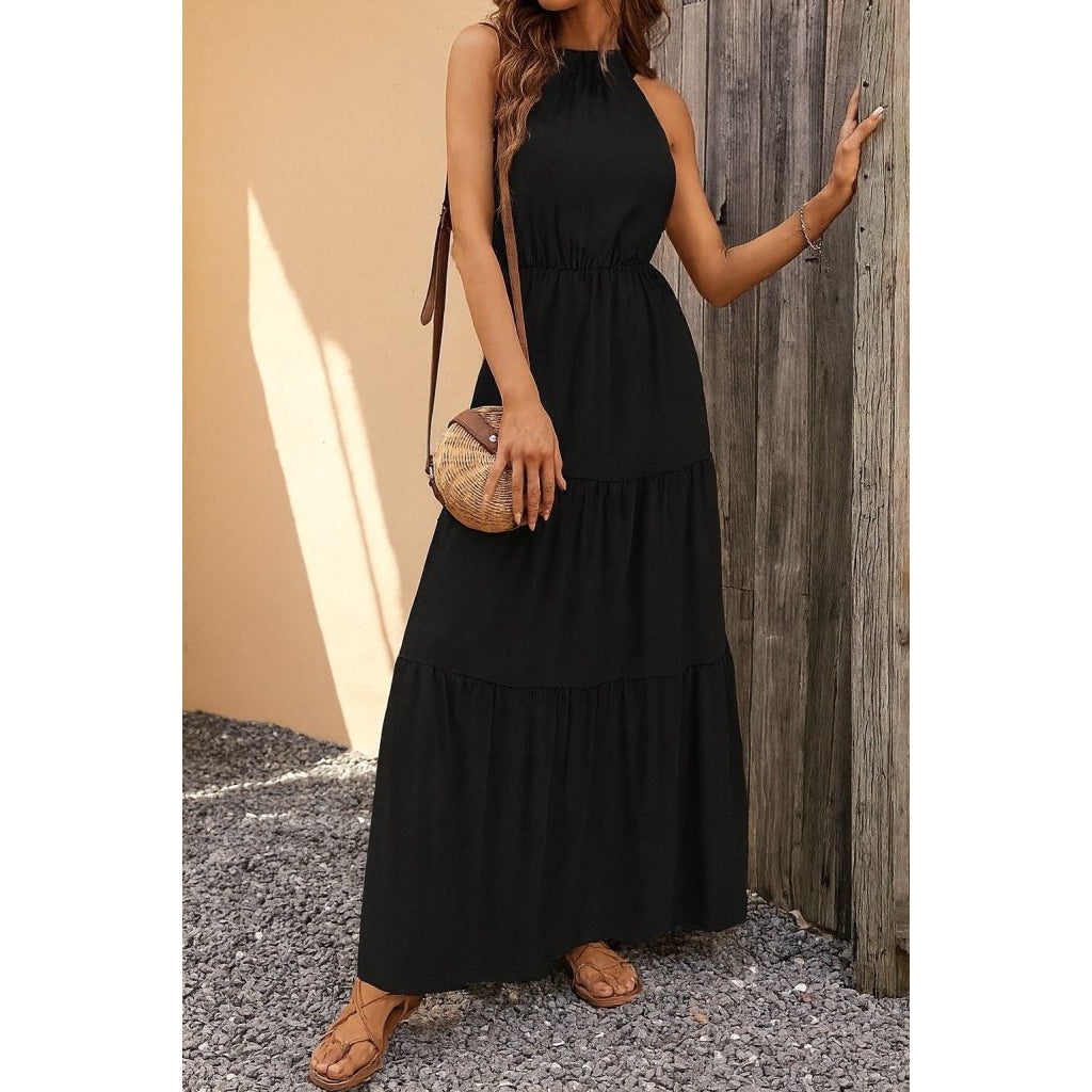 Kadın Kolsuz Halter Yaka Beli Lastiklidesenli Mikro Elbise