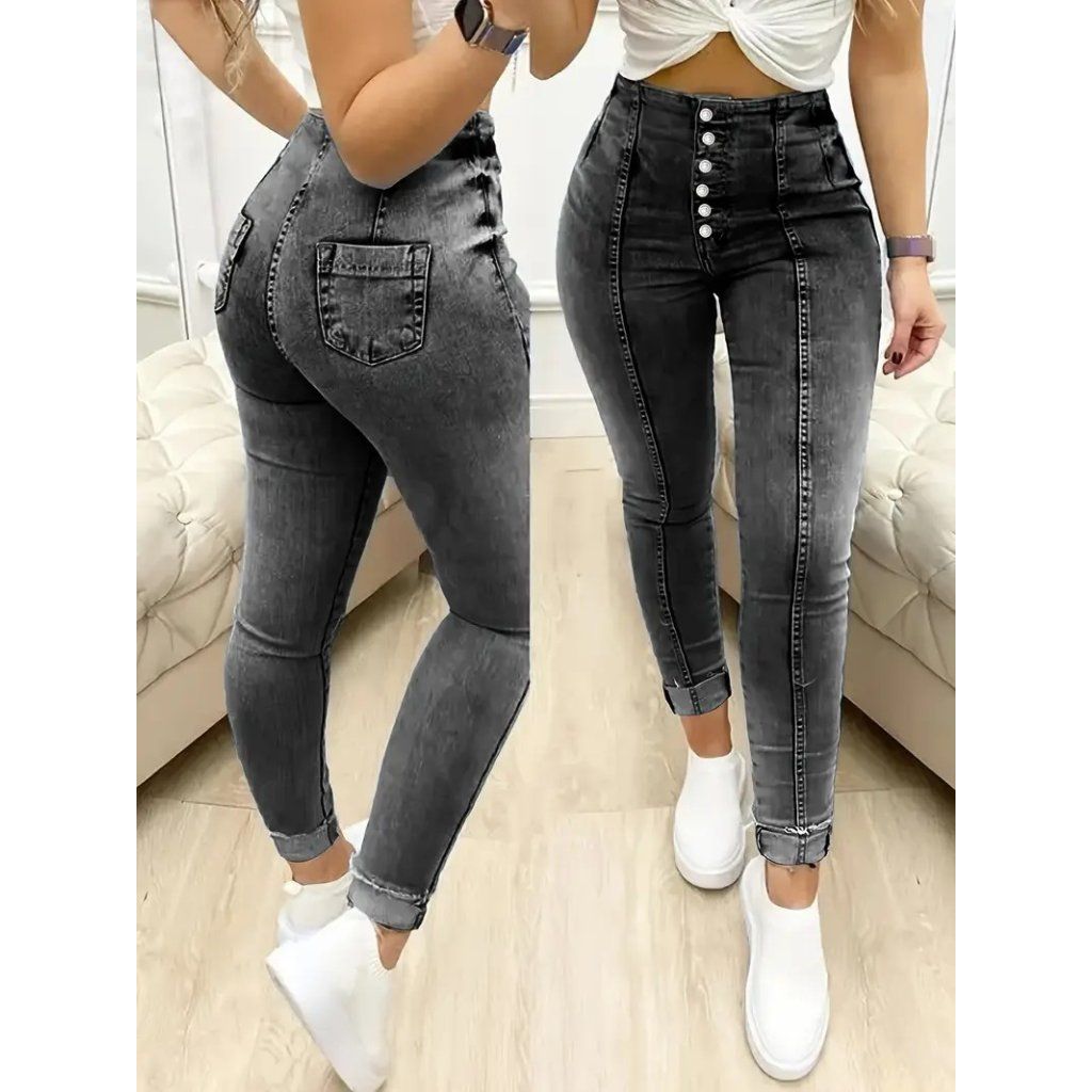 Kadın Yüksek Bel önden Düğmeli Jean Pantolon