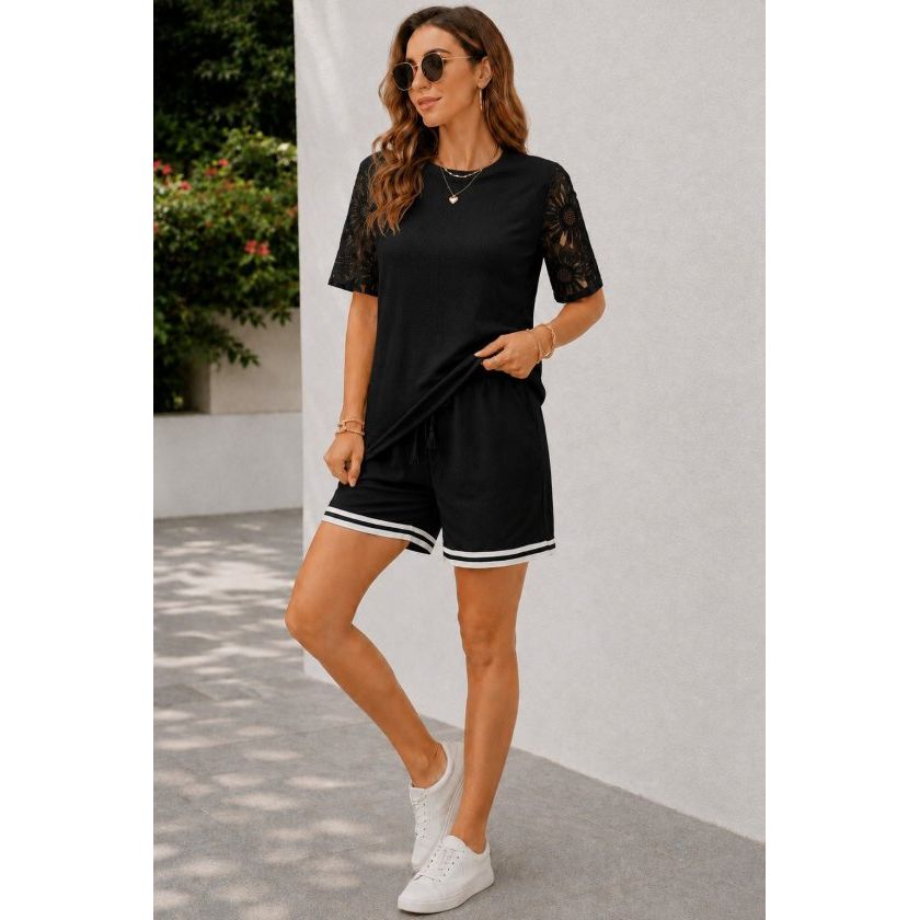 Kadın Kısa Kollu Bisiklet Yakalı Waffle Bluz Ve Short Ikili Takım