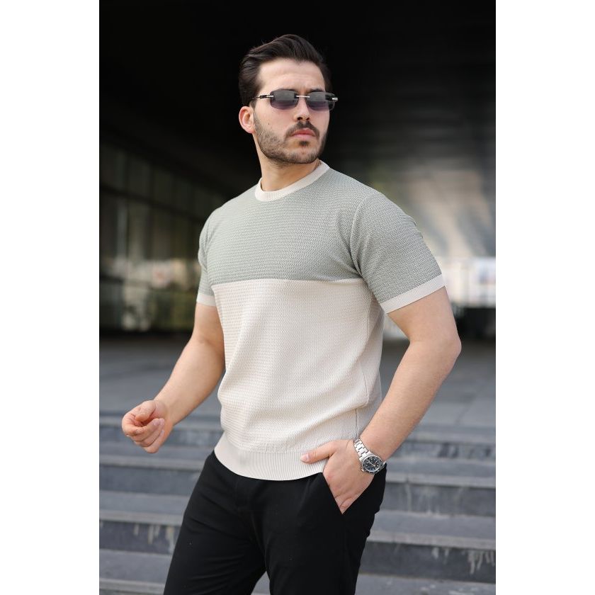 Erkek Renk Bloklu Bisiklet Yaka Kısa Kollu Triko Tişört