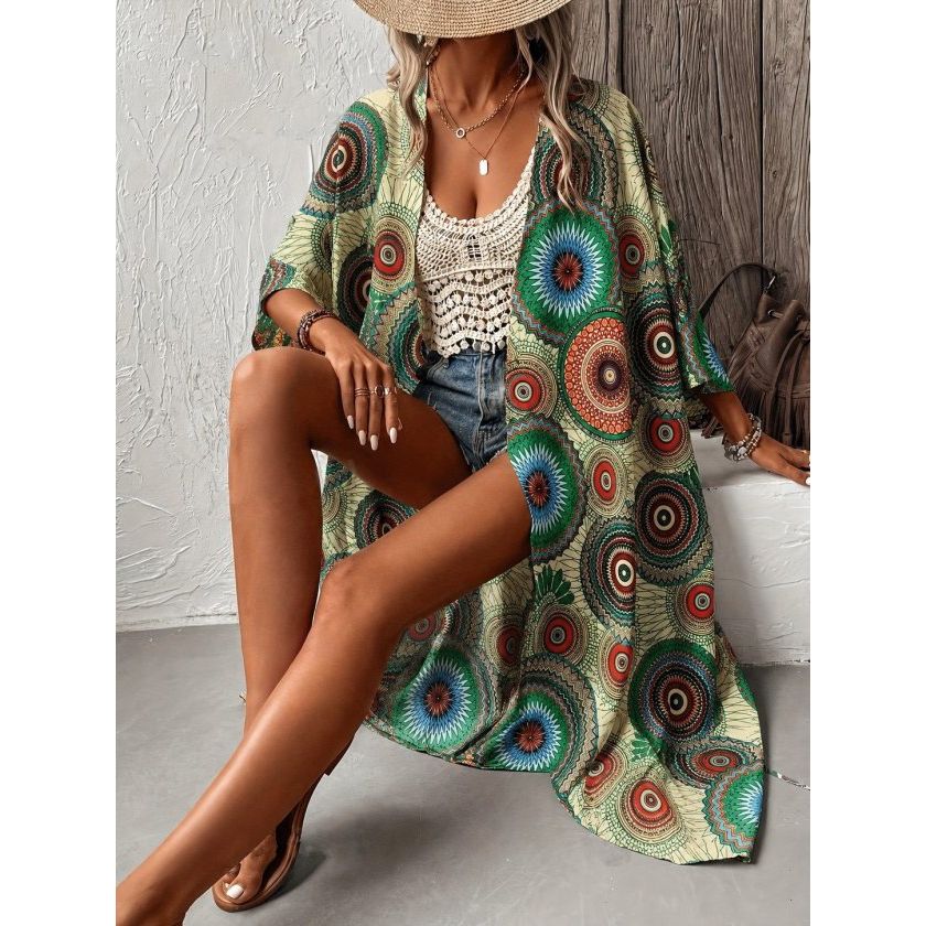 Kadın Kısa Kollu önü Açık Belden Kuşaklı Uzun Kimono