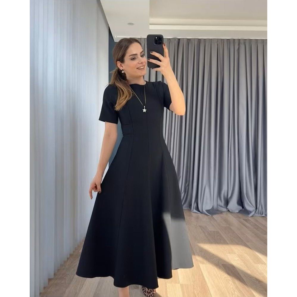 Kadın Kısa Kollu Bisiklet Yaka Maksi Boy Ithal Krep Elbise