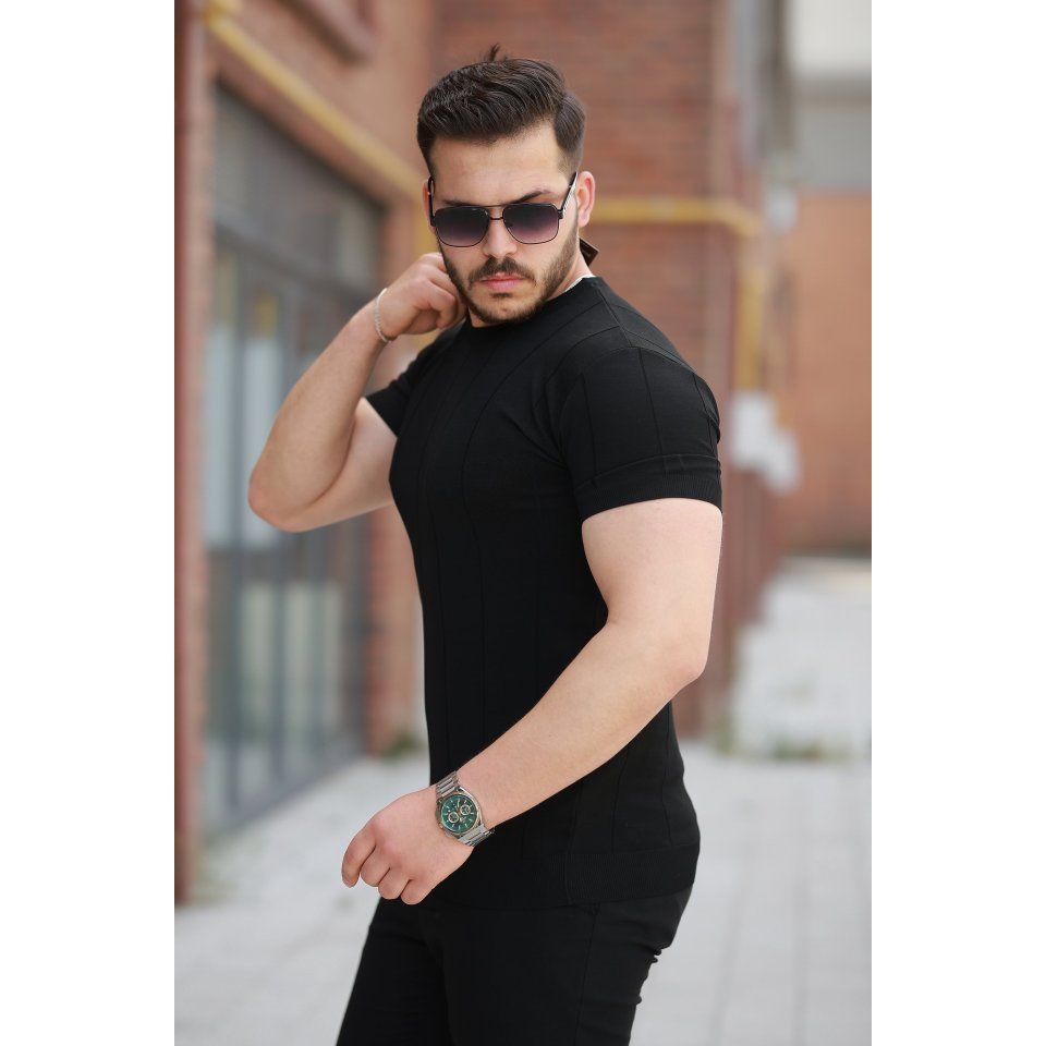 Erkek Ince çizgi Dokulu Bisiklet Yaka Kısa Kollu T-shirt
