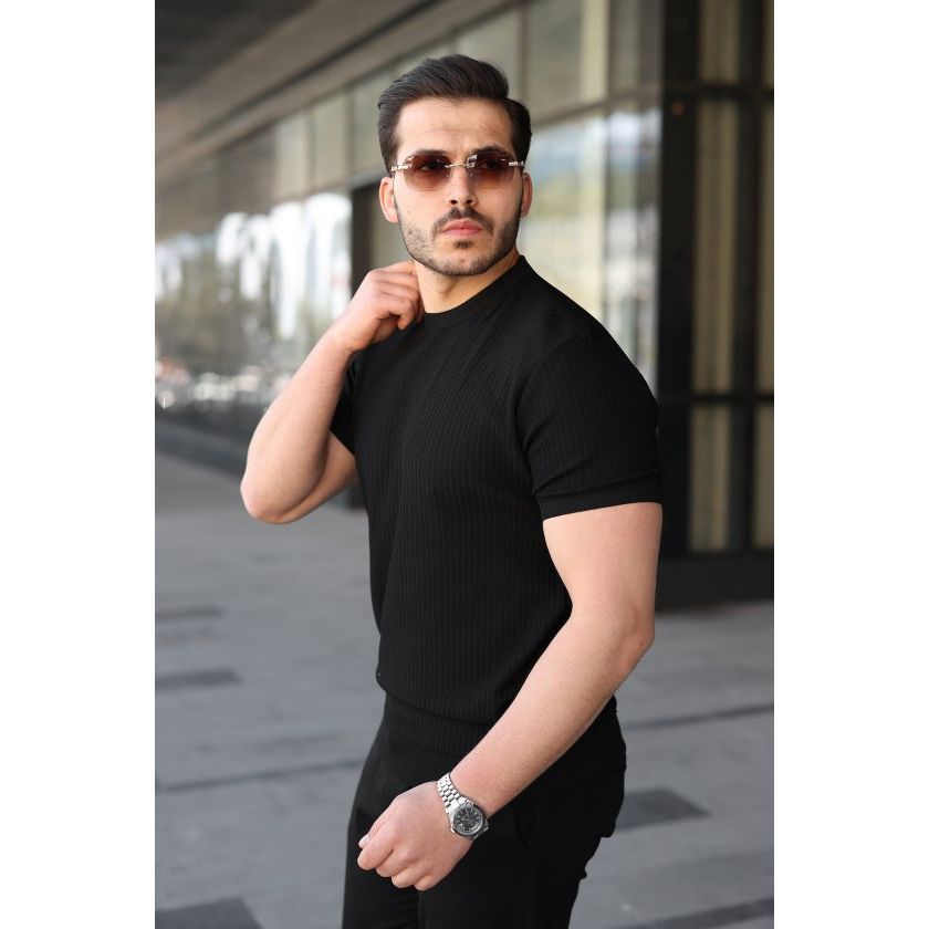 Erkek Bisiklet Yaka Petek Dokulu Kısa Kollu Triko Tişört