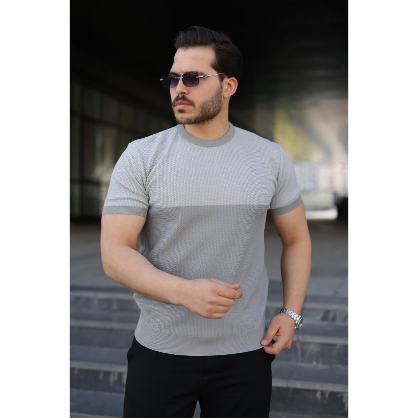Erkek Renk Bloklu Bisiklet Yaka Kısa Kollu Triko Tişört