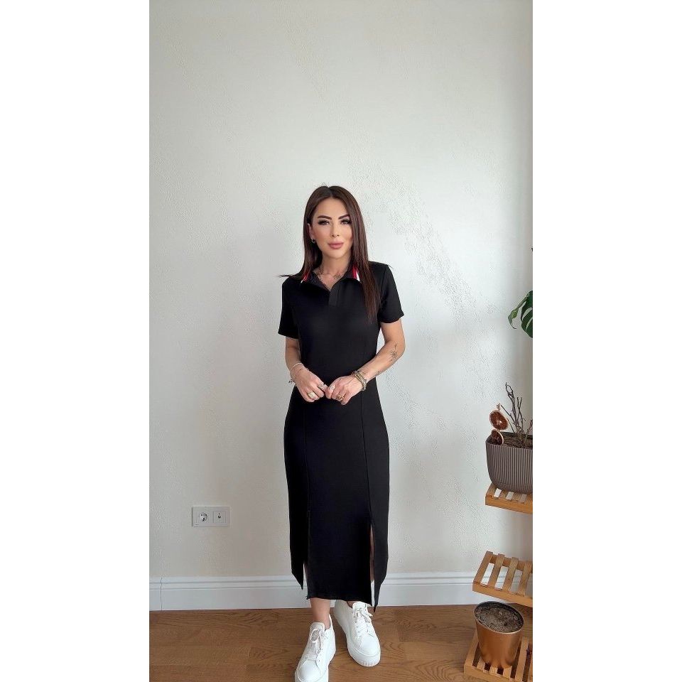 Kadın Yaka Ribanalı Çift Yırtmaçlı Elbise