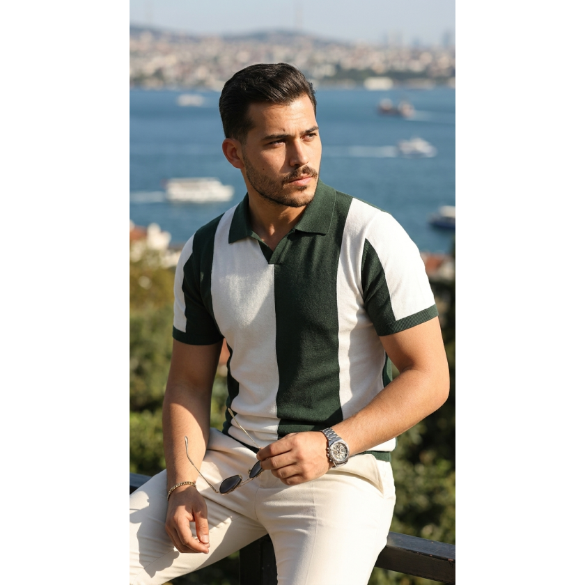 Erkek Kısa Kollu Polo Yakalı Blok Desenli Triko Bluz