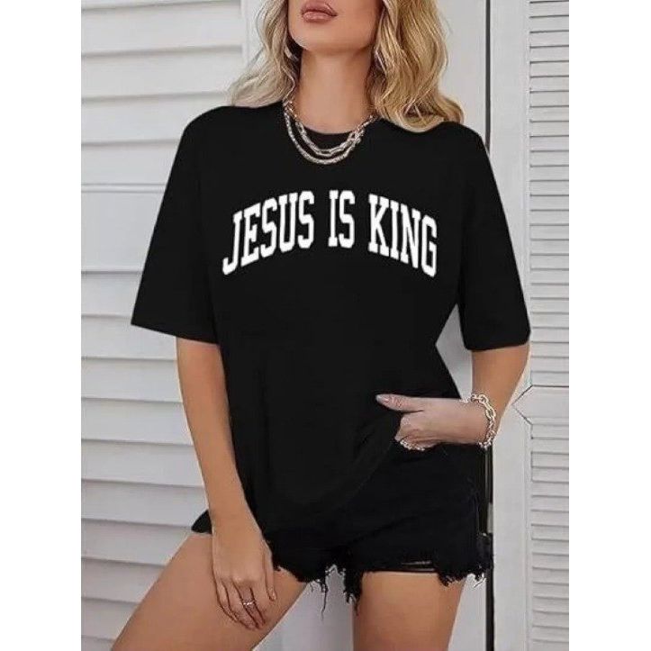 Kadın Bisiklet Yaka Kısa Kol Baskılı T-shirt - Siyah