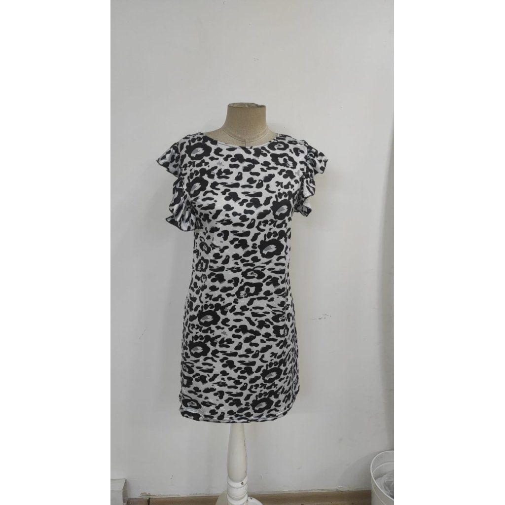 Kadın Kısa Kollu Kolları Fırfır Detay Arkası Bağlamalı Leopar Desen Kolsuz Mini Mikro Elbise
