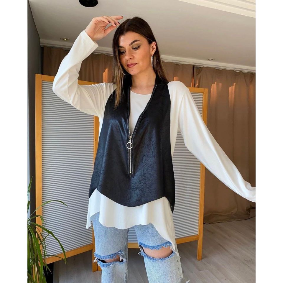 Kadın Uzun Kol Asimetrik Kesim Viskon Bluz Ve çatlak Deri Görünümlü Fermuar Detaylı Yelek Ikili Takım
