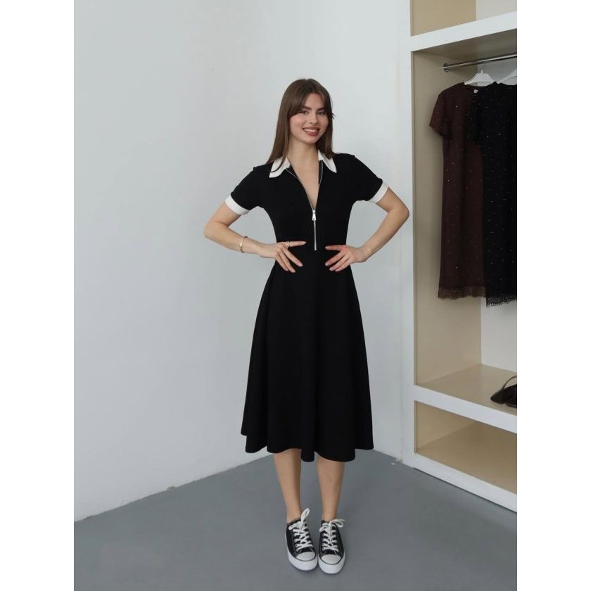 Kadın Polo Yaka Fermuar Detaylı Modal Midi Elbise