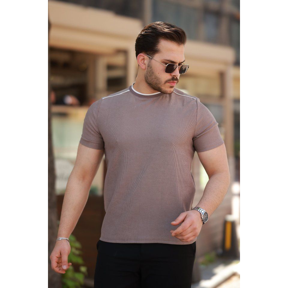 Erkek Omuzlar çizgi Detaylı Kısa Kollu T-shirt