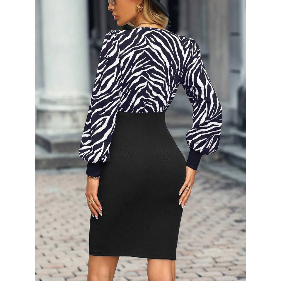 Kadın Uzun Kollu Kruvaze Yakalı Zebra Desenli Kısa Krep Elbise
