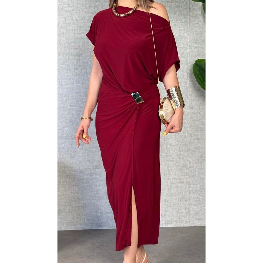 Kadın Kısa Kollu Tek Omuzdan Açık Beli Lastikli Sandy Maxi Elbise
