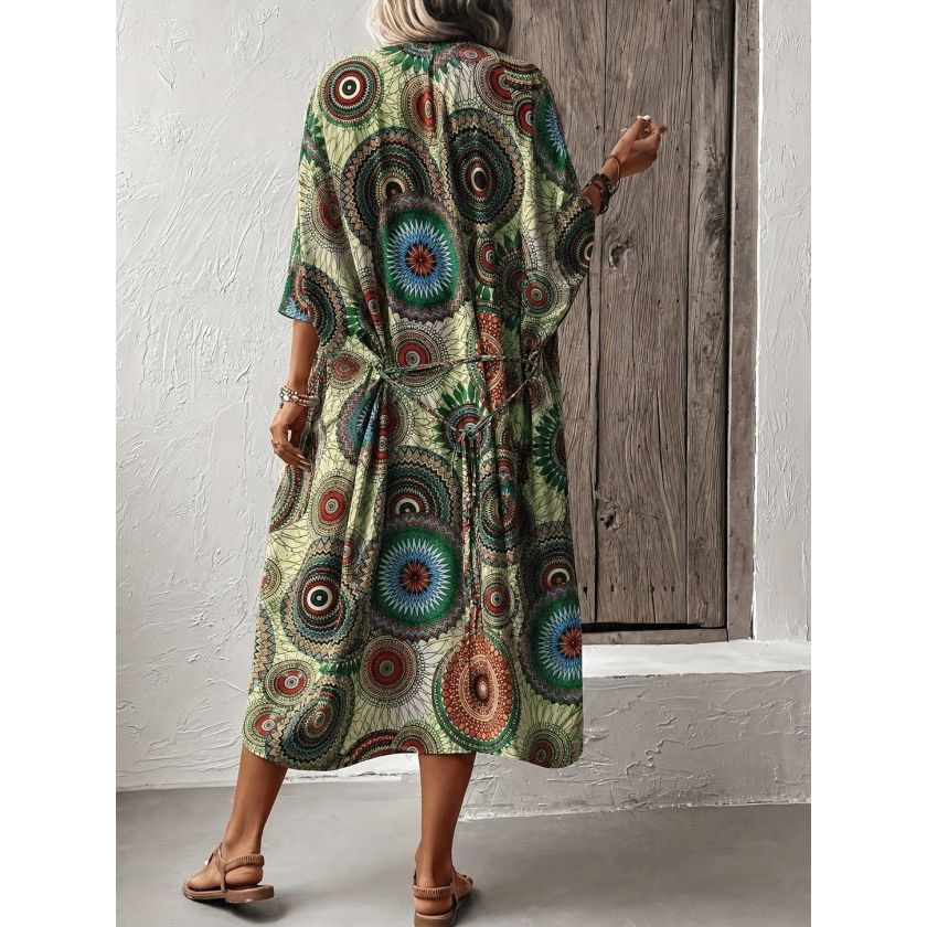 Kadın Kısa Kollu önü Açık Belden Kuşaklı Uzun Kimono