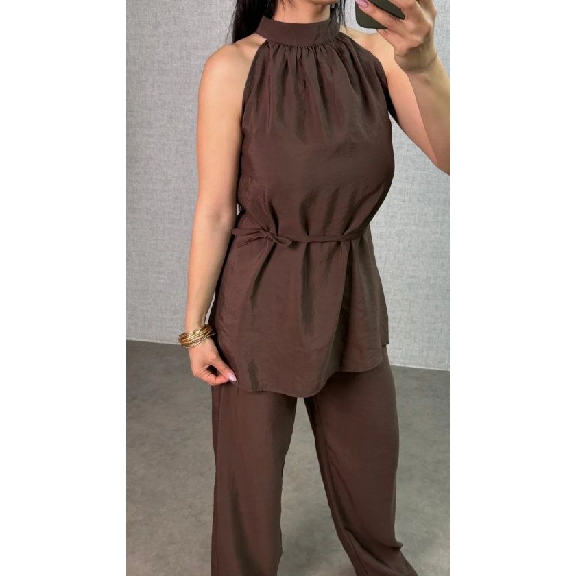 Kadın Halter Yaka Beli Kuşak Detaylı Ikili Takım