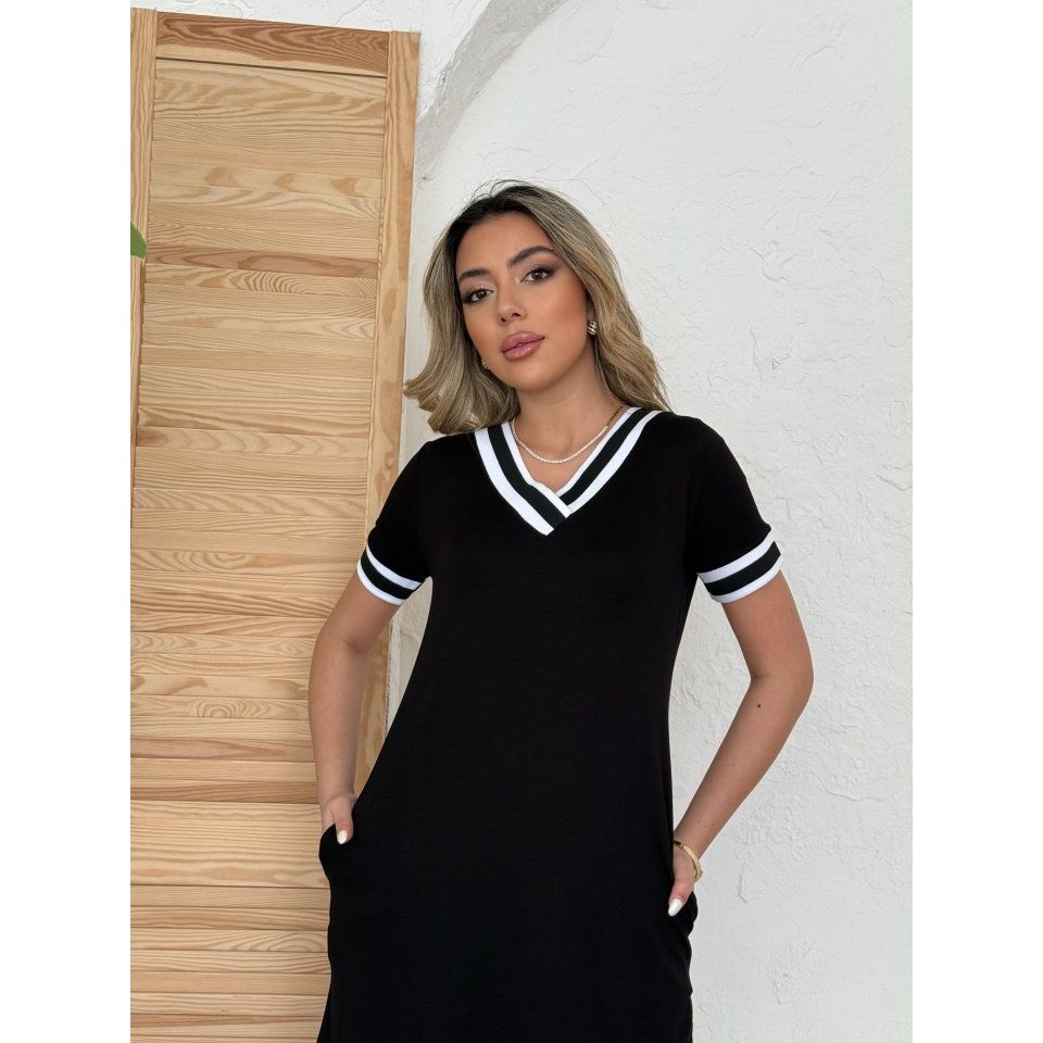 Kadın Kısa Kollu V Yaka Kol Ve Yaka Ribana Detay Midi Boy Viskon Elbise