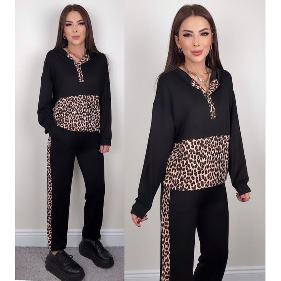 Kadın Uzun Kollu Leopar Detay Sweat Ve Yanı Leopar şerit Detay Pantolon Ikili Takım