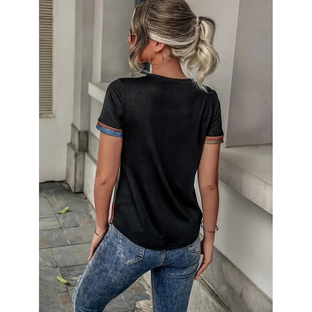 Kadın Kısa Kollu V Yakalı Düğmeli çok Renkli Süprem Bluz