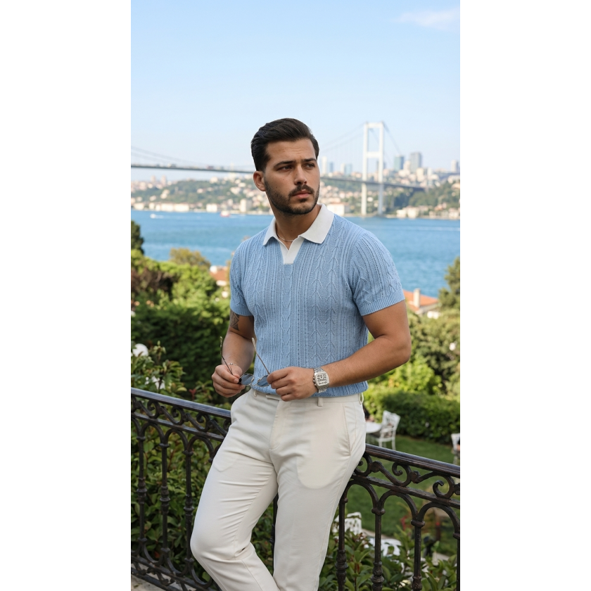 Erkek Desenli Kısa Kollu Triko Tişört - %100 Pamuk Akrilik