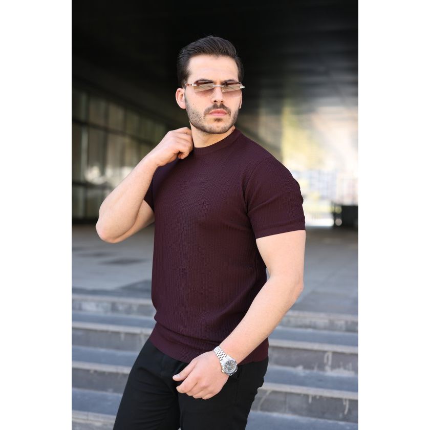 Erkek Bisiklet Yaka Petek Dokulu Kısa Kollu Triko Tişört
