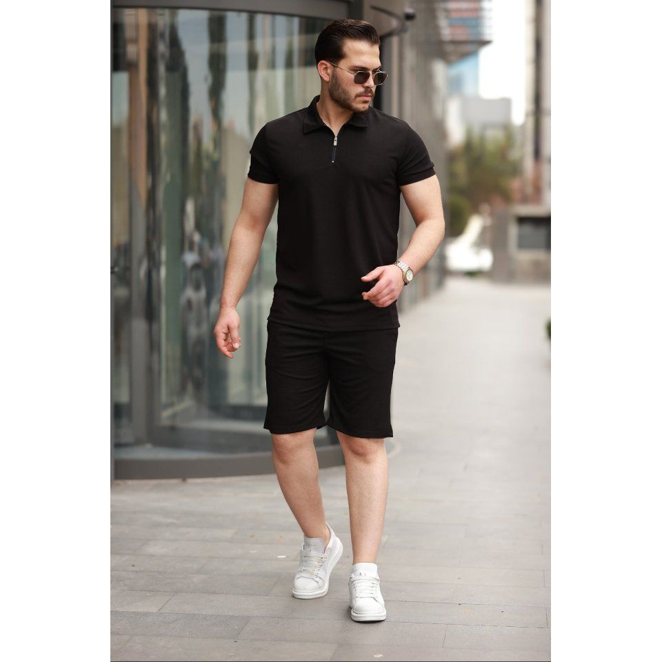 Erkek Yakalı Fermuarlı T-shirt şort Ikili Takım
