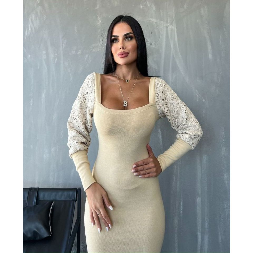 Kadın Kare Yaka Kolları Manşet Ve Dantel Detay Fırsat ürün Midi Boy Elbise