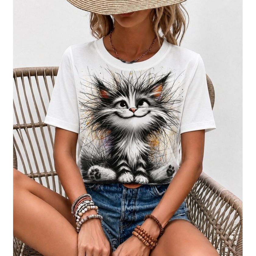 Kadın Kısa Kollu Bisiklet Yaka Kedi Baskılı Süprem Bluz