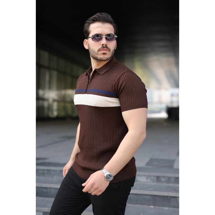 Erkek Örgü Desenli Renkli Kısa Kollu Triko Tişört