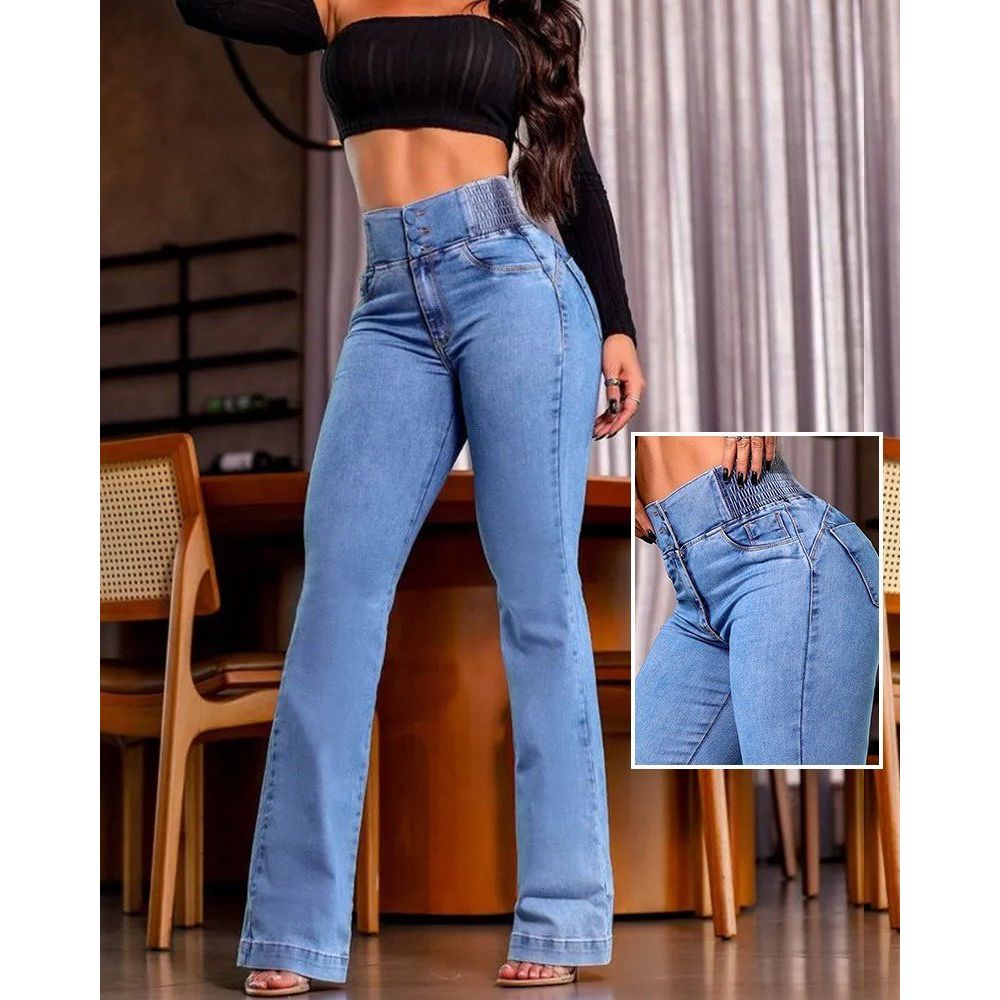 Kadın Yüksek Bel Yanları Lastik önü Düğmeli Kot Pantolon