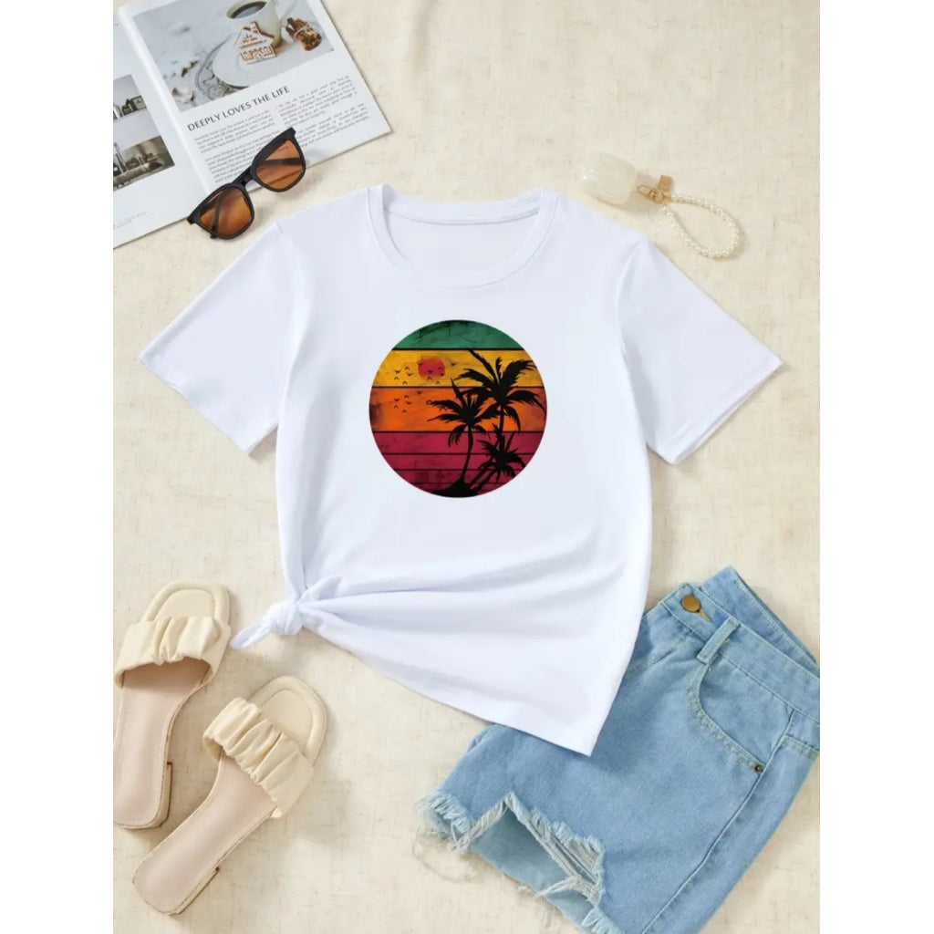 Kadın Kısa Kollu Palmiye Baskılı Viskon T-shirt